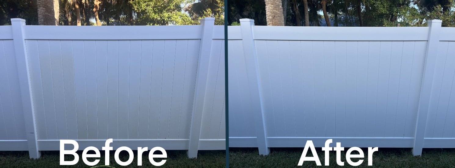 White vinyl fence before and after cleaning