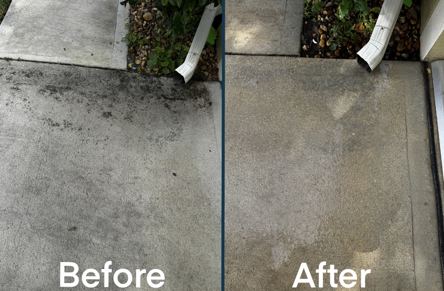 Concrete area by downspout before and after cleaning